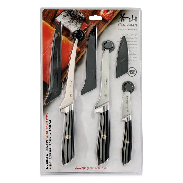 Three black-handled fillet knives with protective sheaths in clear packaging labeled Cangshan.