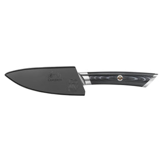 
                    
                      3.5-inch paring knife with black sheath, dark wood handle, and metal bolster and end cap.
                    
                  