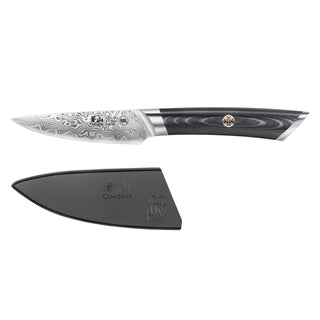 
                    
                      3.5-inch Damascus steel paring knife with patterned blade and dark wooden handle, accompanied by a black protective sheath.
                    
                  
