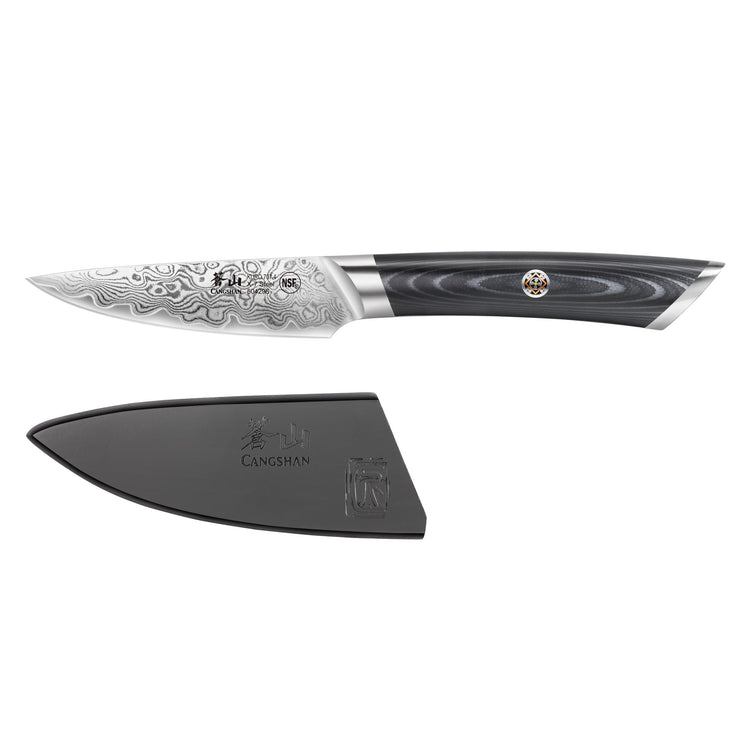 3.5-inch Damascus steel paring knife with patterned blade and dark wooden handle, accompanied by a black protective sheath.