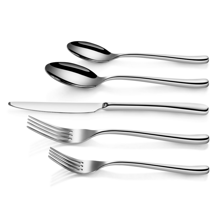 Two spoons, one knife, and two forks made of polished stainless steel arranged horizontally on a white background.