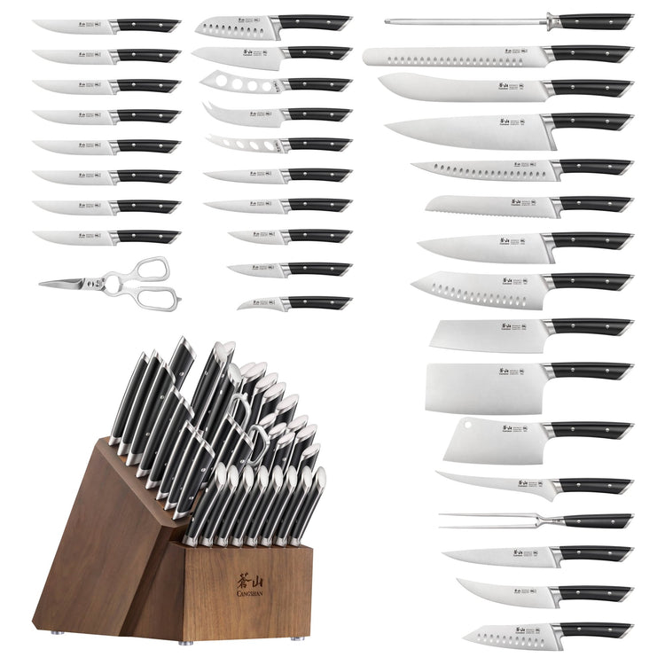 36-piece knife block set with various black-handled knives, kitchen shears, and a wooden block holder.