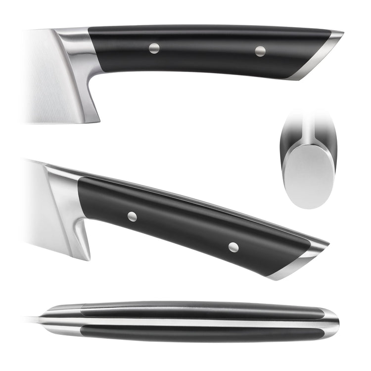 Black knife handle with silver rivets and metal bolster shown from multiple angles including side, top, and end views.