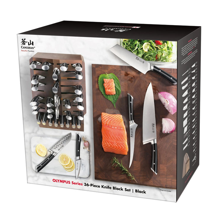 36-piece black knife block set with various knives, a cutting board, salmon fillet, lemon slices, and salad.