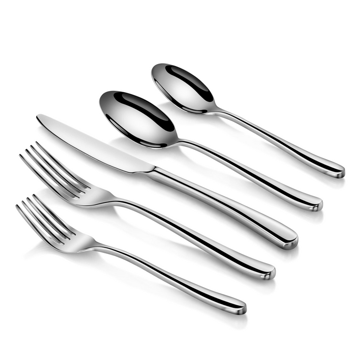 Five pieces of polished stainless steel flatware including two forks, one knife, and two spoons arranged on a white backgroun