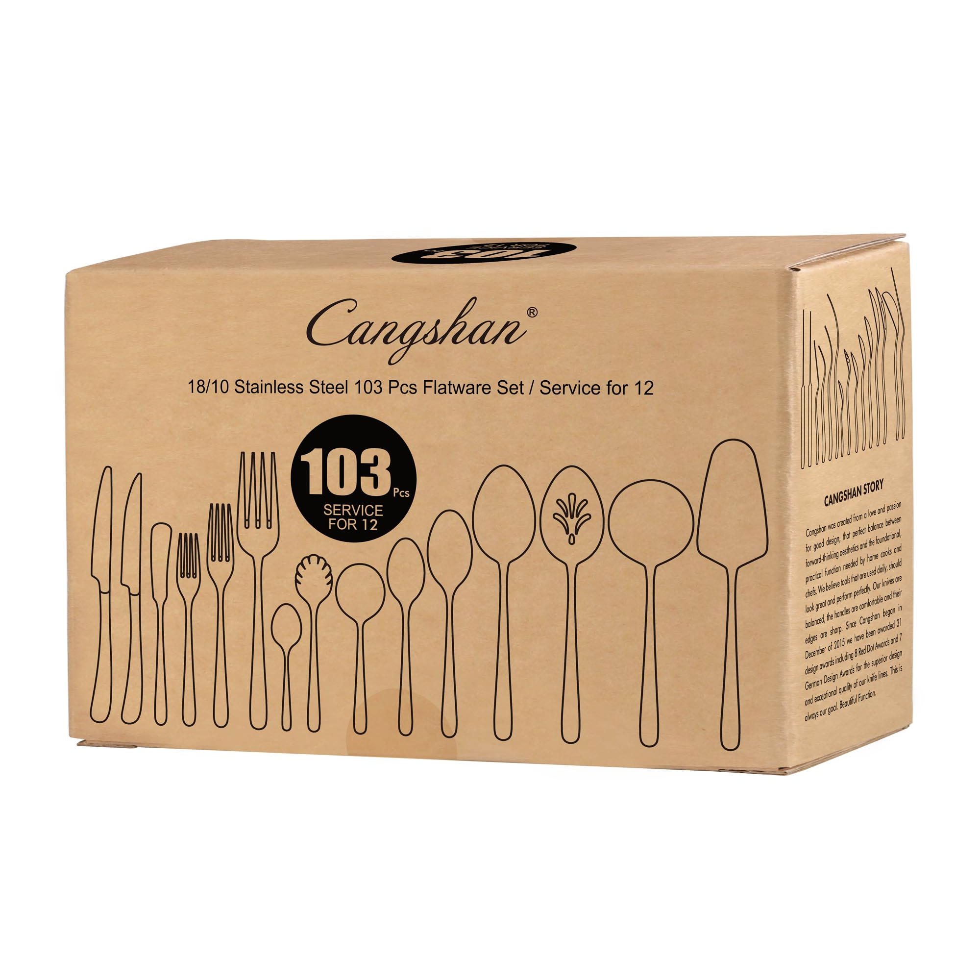 Box of 103-piece stainless steel flatware set with outlines of knives, forks, spoons, and serving utensils on packaging.
