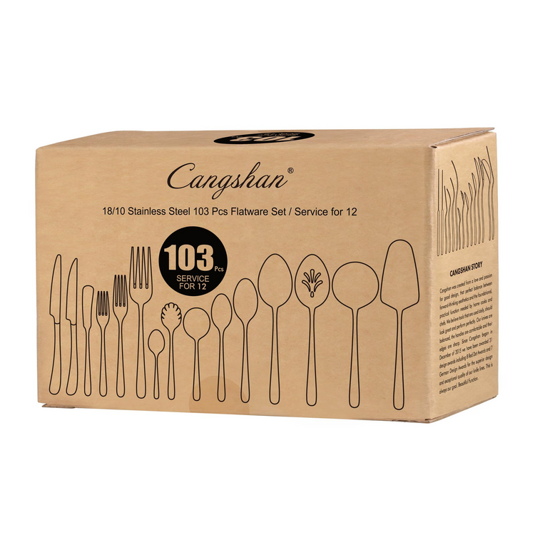 Box of 103-piece stainless steel flatware set with outlines of knives, forks, spoons, and serving utensils on packaging.