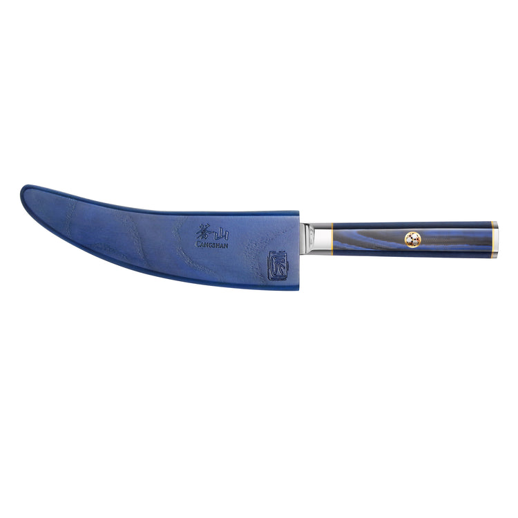 Blue boning knife with a curved blade covered by a matching blue sheath and a blue handle with gold accents.