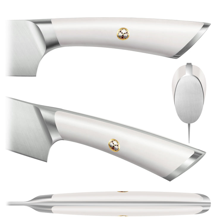 White ergonomic handle of a Santoku knife with a small decorative emblem and stainless steel bolster.