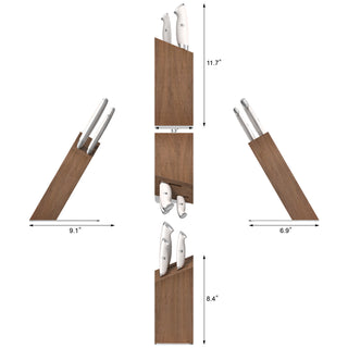 
                    
                      Knife block set with three white-handled knives in an angled acacia wood block, shown from multiple dimensions.
                    
                  