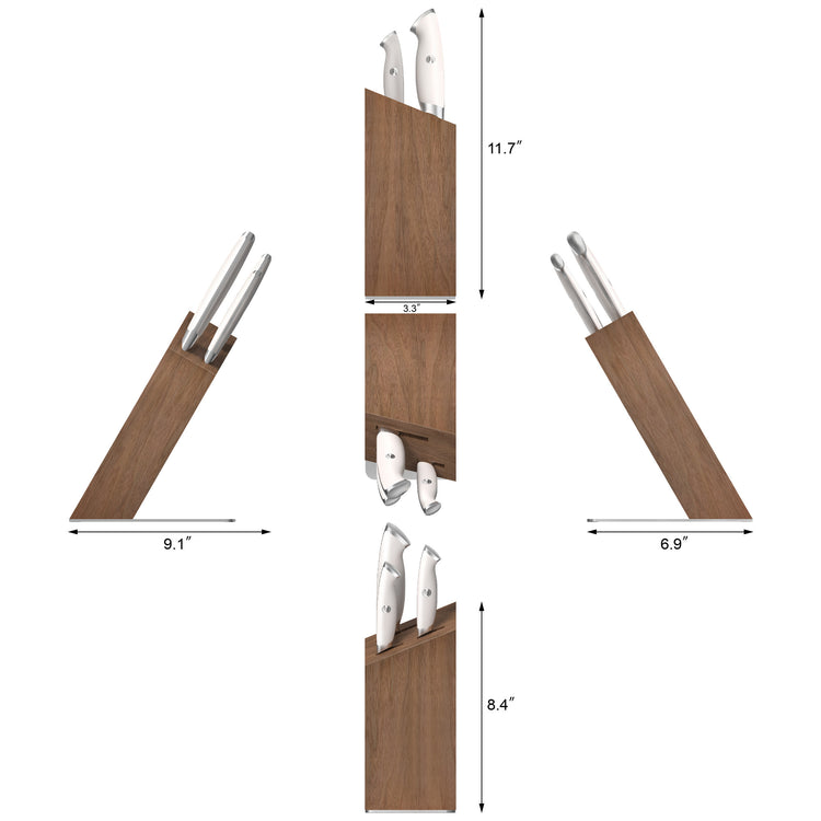 Knife block set with three white-handled knives in an angled acacia wood block, shown from multiple dimensions.
