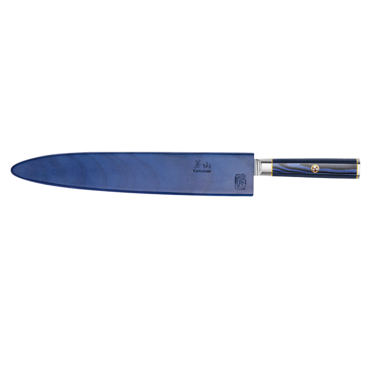 Blue 10-inch sashimi knife with sheath, featuring a patterned blade and blue handle with gold accents.
