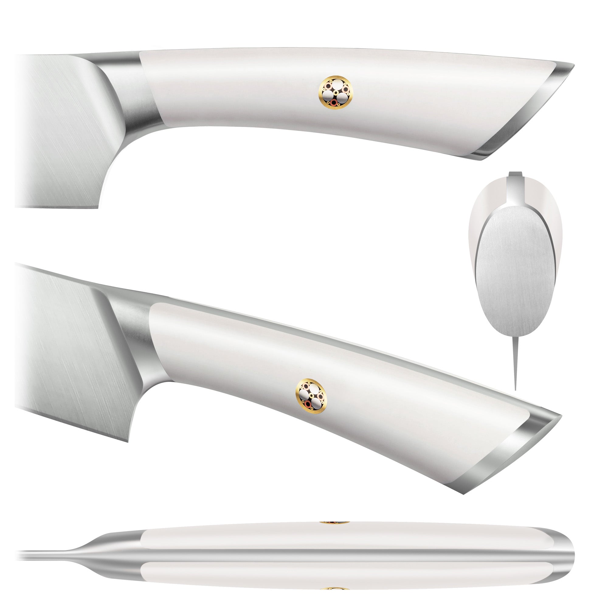 Close-up views of a steak knife handle made of white material with a metal bolster and a small decorative emblem.