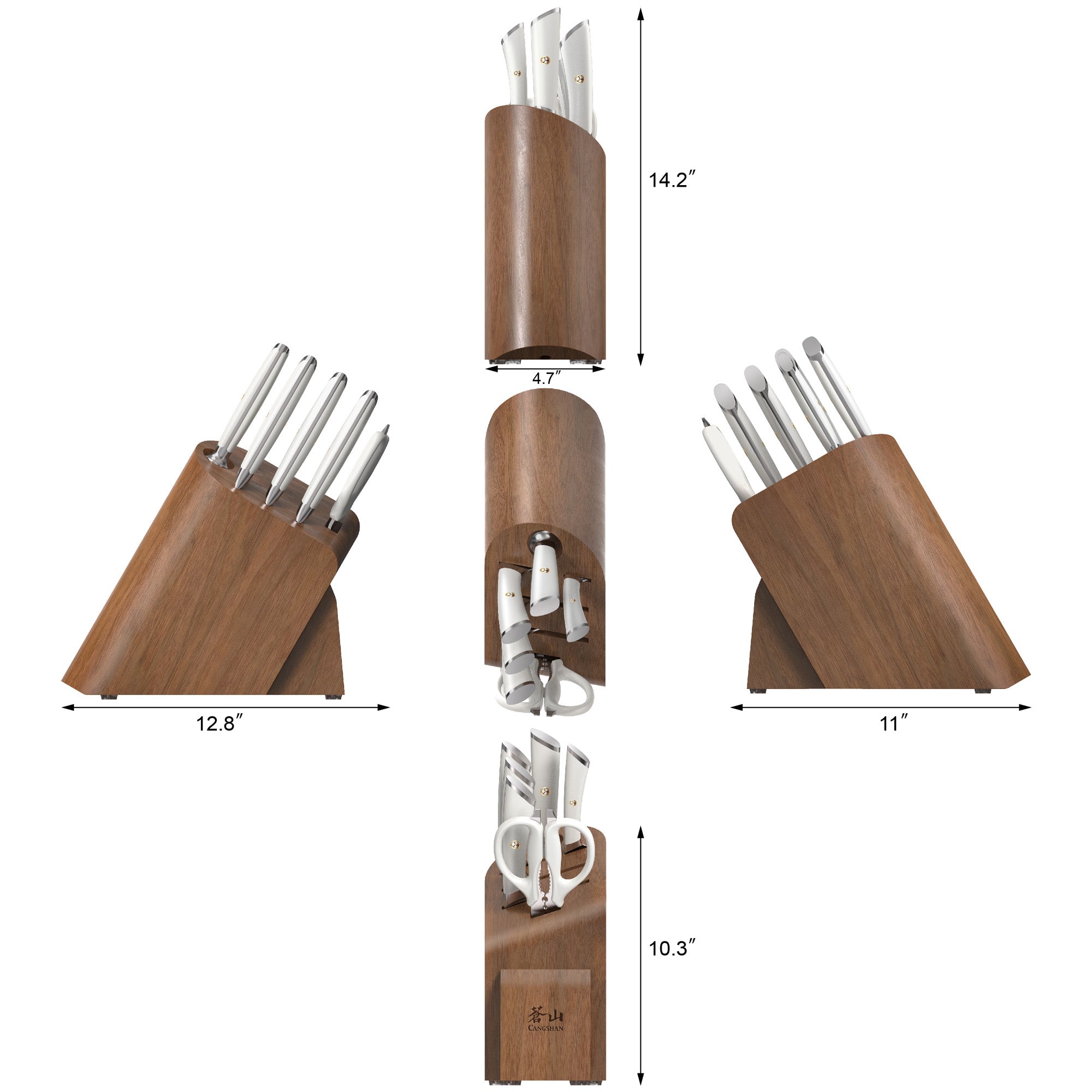 Wooden knife block holding six knives and kitchen shears, shown from multiple angles with dimensions.