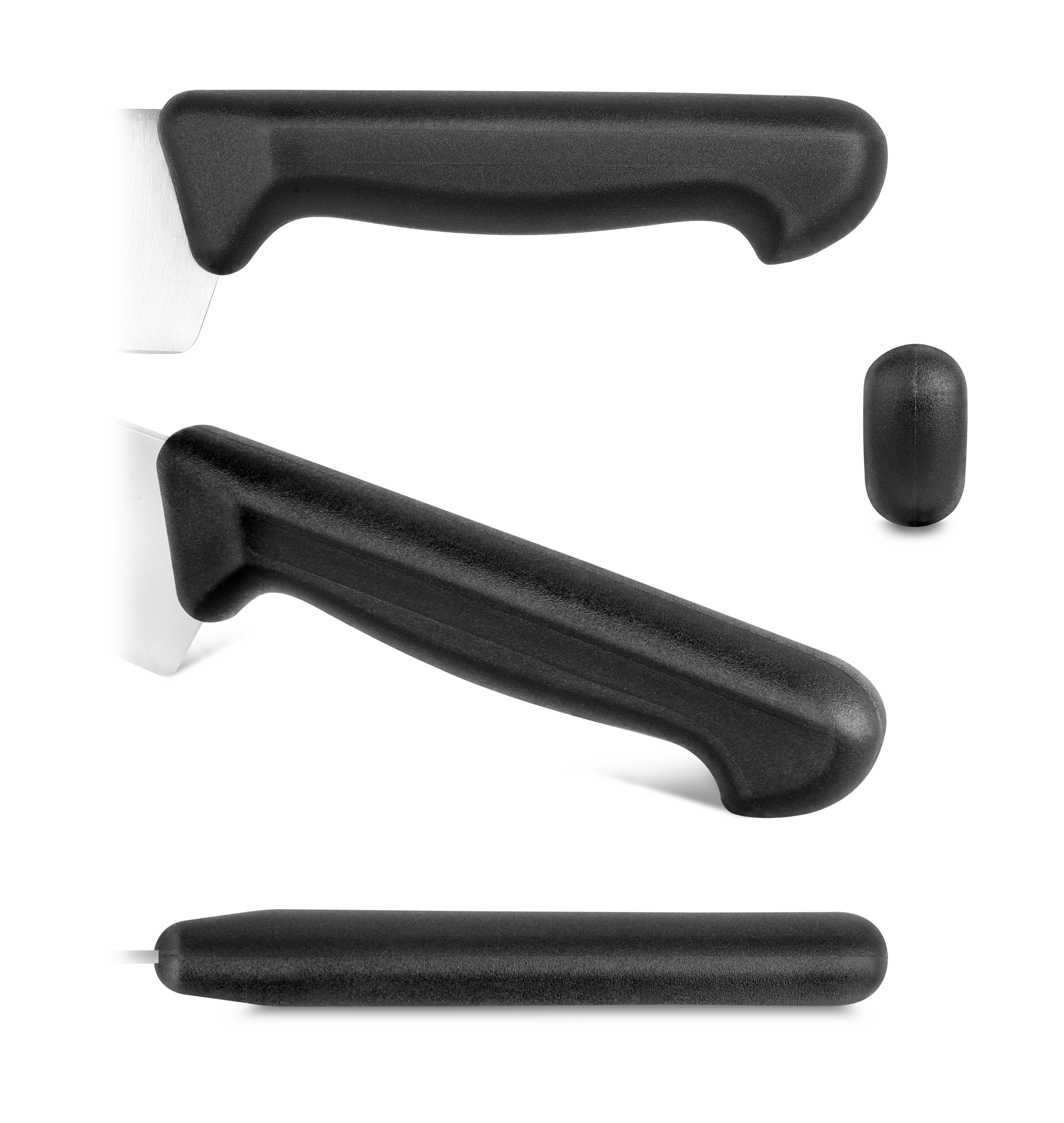 Black ergonomic handle of a vegetable cleaver shown from top, side, and end views.
