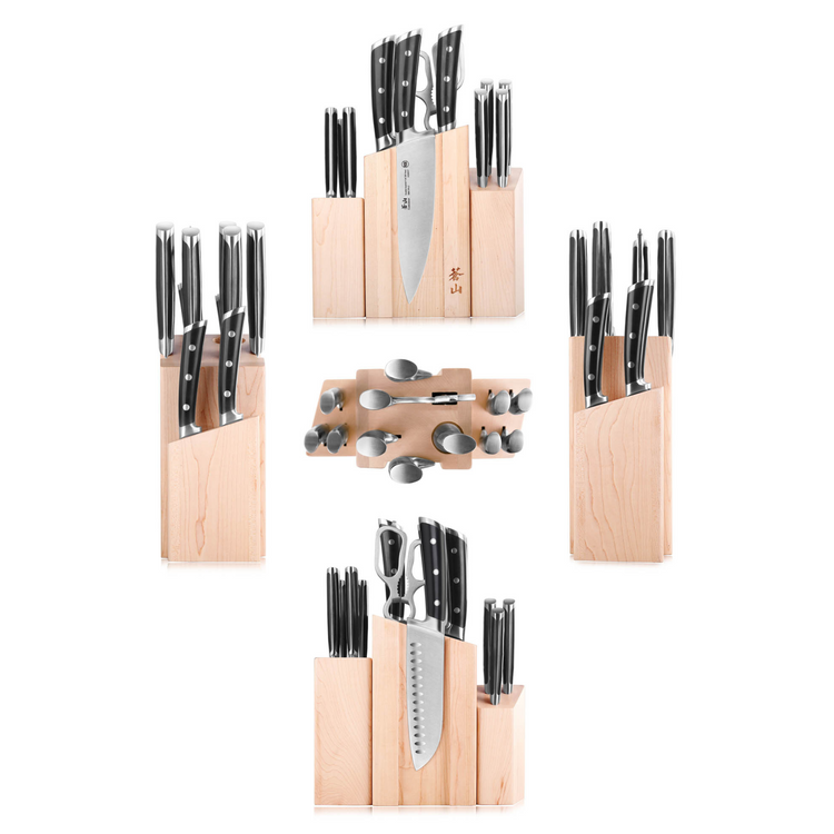 Knife block set with multiple stainless steel knives and kitchen tools in a light wood magnetic block.