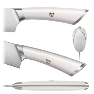 
                    
                      Close-up views of a white-handled knife with a round decorative emblem on the handle.
                    
                  