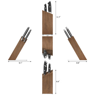 
                    
                      Four knives with black handles stored in an angled acacia wood block shown from multiple sides with dimensions.
                    
                  