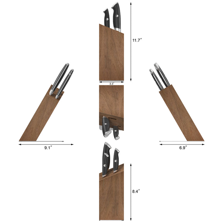 Four knives with black handles stored in an angled acacia wood block shown from multiple sides with dimensions.
