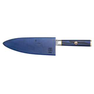 
                    
                      6-inch chef's knife with a blue sheath and a dark blue handle featuring a gold emblem.
                    
                  