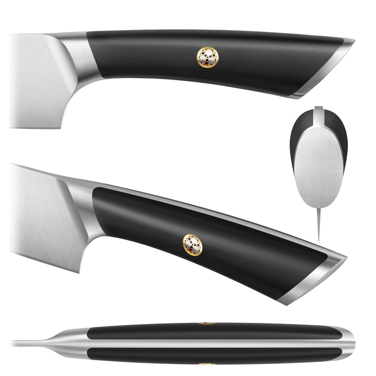 Handle of a boning knife shown from side, top, and end views, featuring a black grip with a small circular emblem.