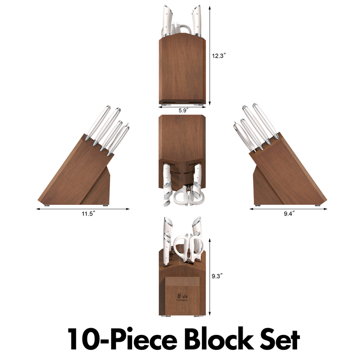 Wooden knife block holding six knives and kitchen shears, shown from multiple angles with dimensions.