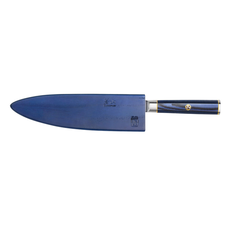 8-inch chef knife with blue blade and matching blue handle, featuring gold accents and a sheath.