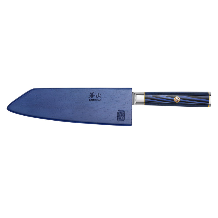 Blue Kiritsuke knife with sheath, blue and black handle, gold accents, and Japanese characters on the blade.