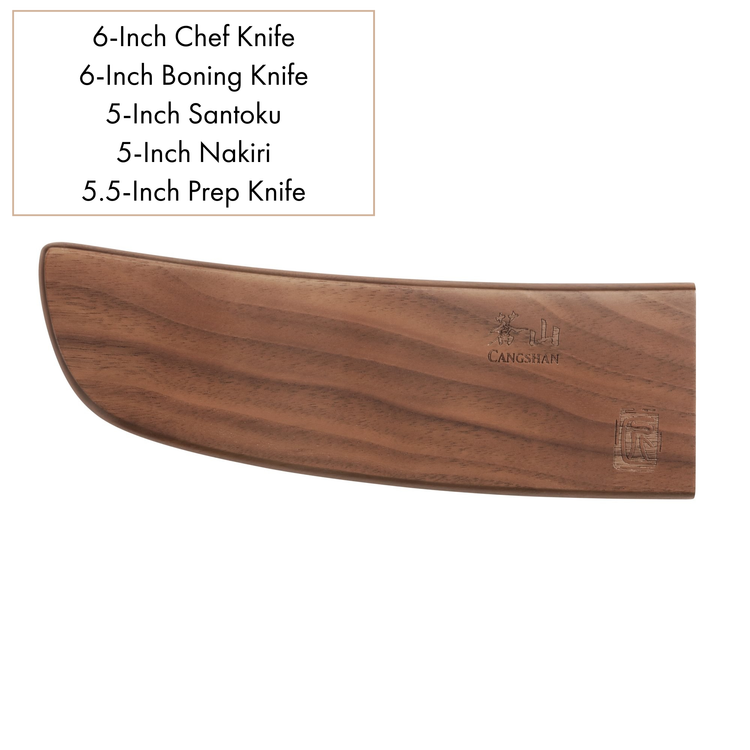 Walnut magnetic knife sheath with smooth finish and engraved logos, designed for blade protection.