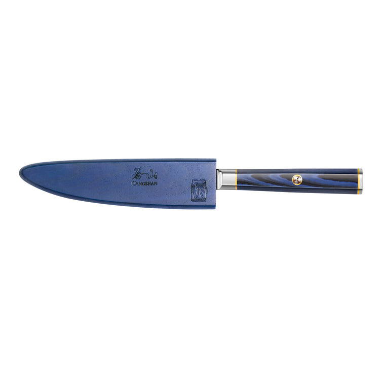 Blue serrated utility knife with sheath and dark blue handle featuring a gold emblem and metal accents.