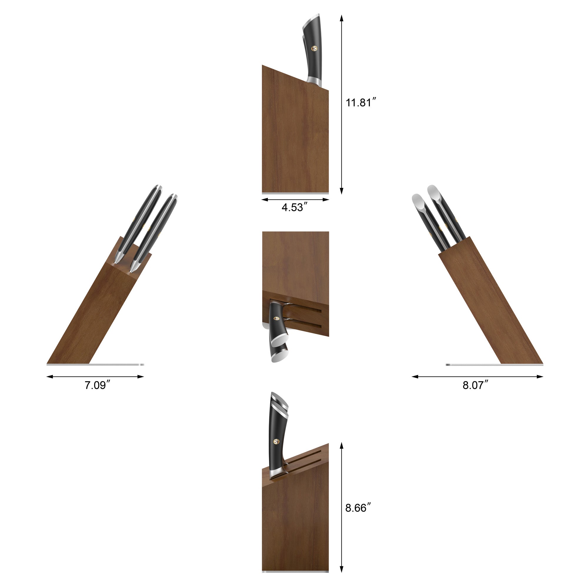 Knife block set with four knives, shown from multiple angles with dimensions in inches.