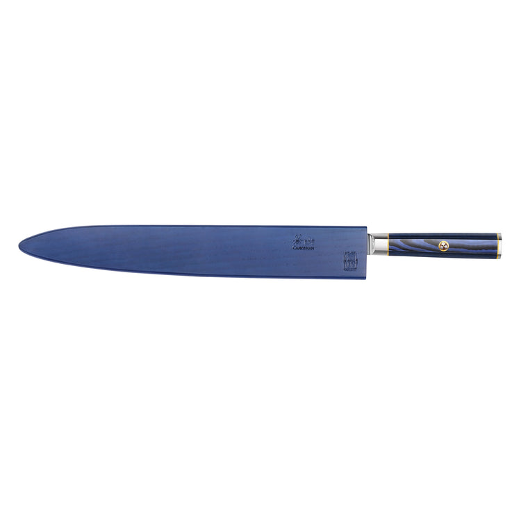 Blue 12-inch sashimi knife with sheath and dark blue handle with gold accents, laid flat on white background.