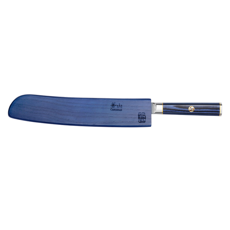 9-inch bread knife with a blue blade cover and a dark blue handle with metal accents.