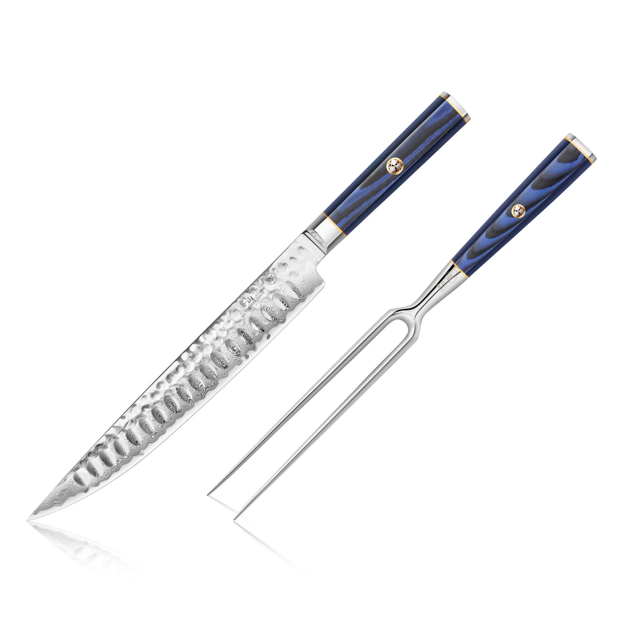 Two-piece carving set with a hammered steel knife blade and a two-prong fork, both with blue handles.