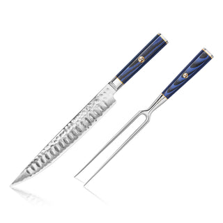 
                    
                      Two-piece carving set with a hammered steel knife blade and a two-prong fork, both with blue handles.
                    
                  