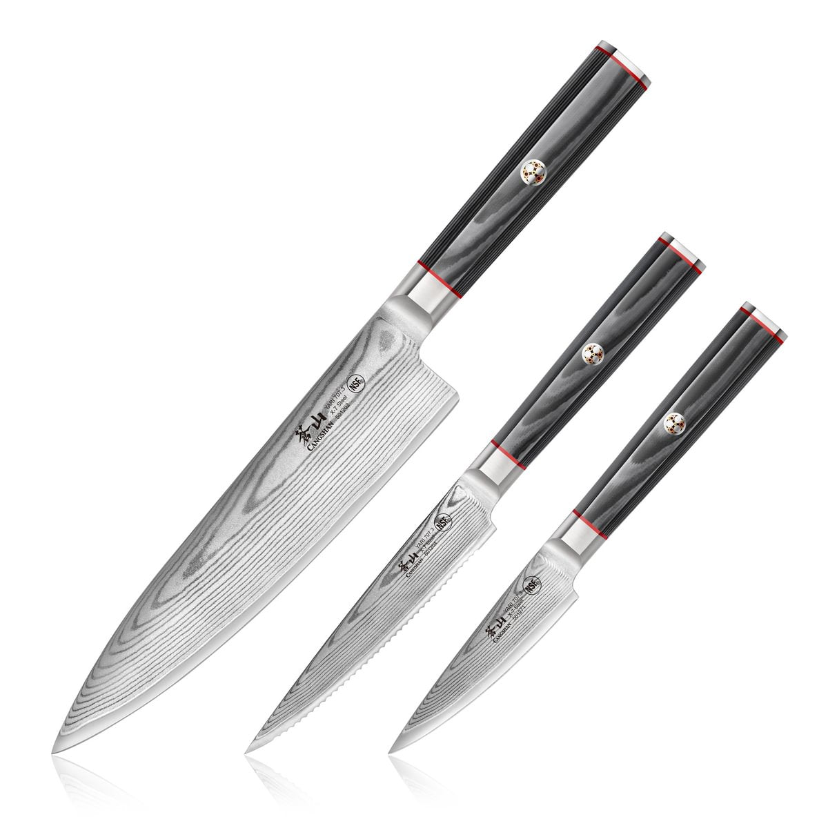 Three kitchen knives with patterned Damascus steel blades and black handles with red accents, arranged side by side.