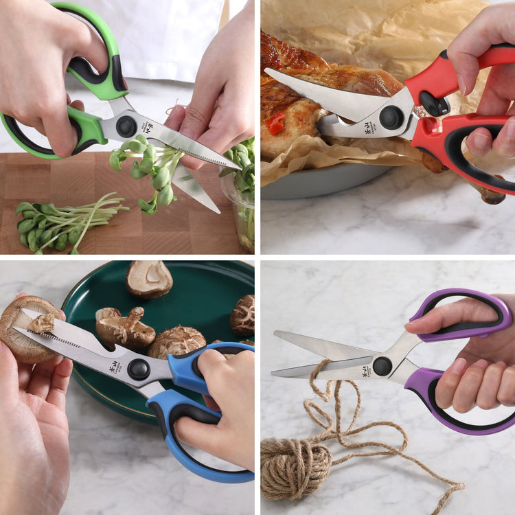 Set of four colorful heavy-duty kitchen shears cutting herbs, cooked chicken, mushrooms, and twine.