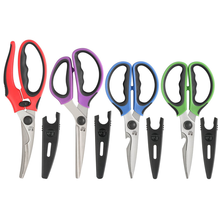 Four pairs of heavy-duty kitchen shears with red, purple, blue, and green handles, each with a black protective guard.