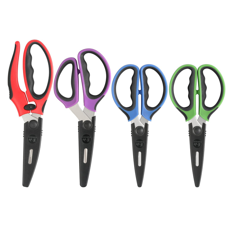 Four heavy-duty kitchen shears with colorful handles in red, purple, blue, and green, each with black blade guards.