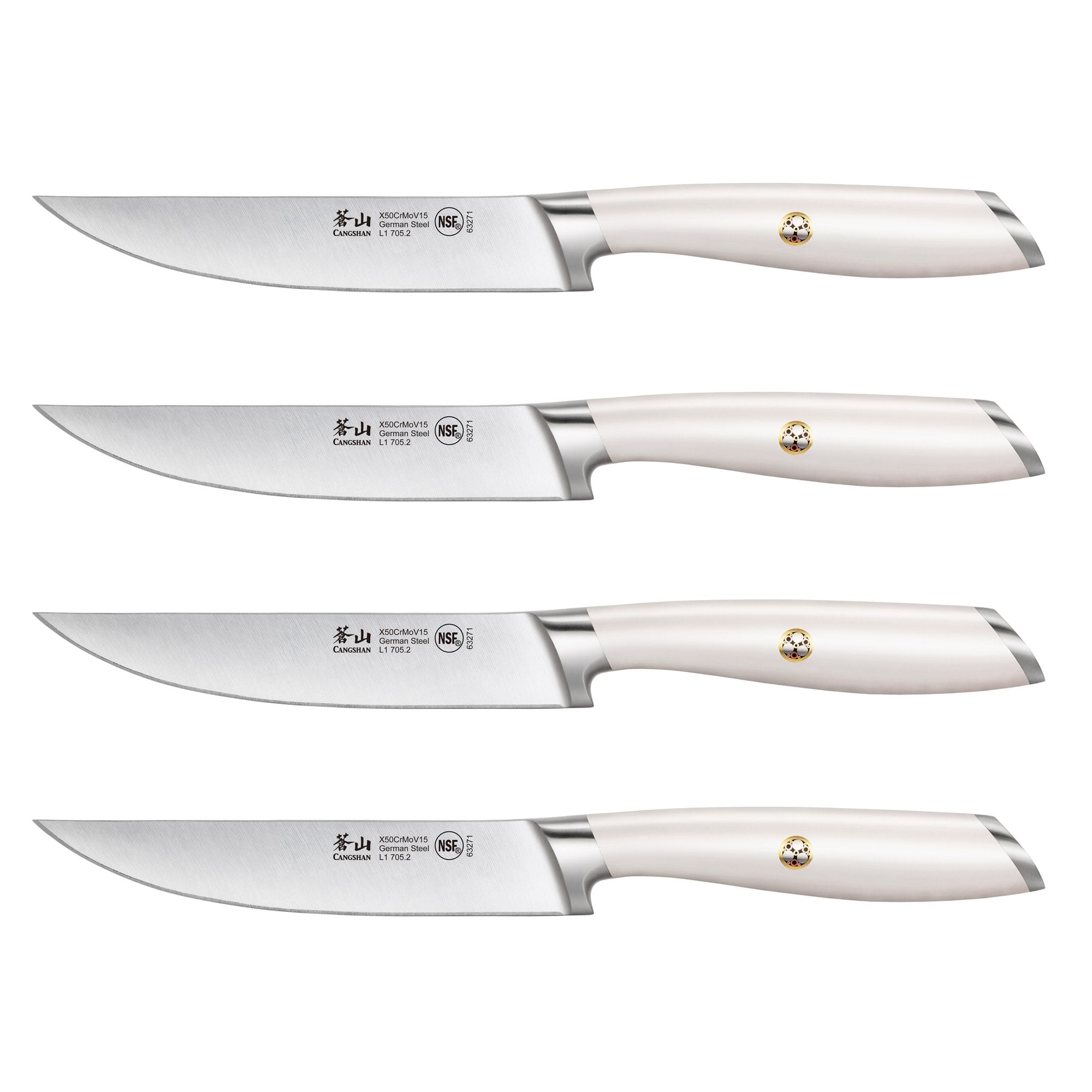 Four steak knives with white handles and stainless steel blades, each blade marked with branding and certification logos.