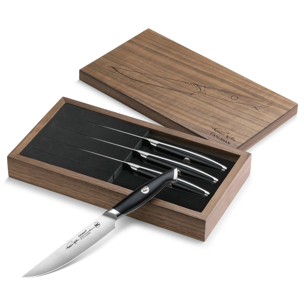 
                  
                    Load image into Gallery viewer, TKSC 4-Piece 5-Inch Steak Knife Set, Forged Swedish Powder Steel, Thomas Keller Signature Collection, Black, w/Walnut Storage Box 1023893
                  
                