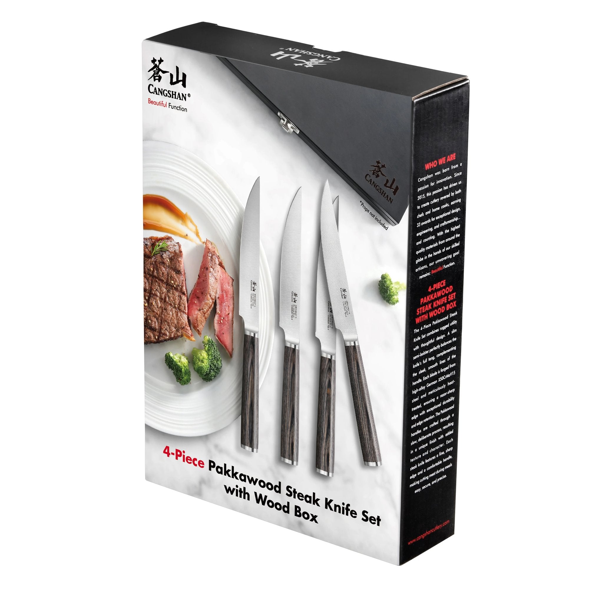 Four steak knives with pakkawood handles displayed next to sliced steak and broccoli, packaged in a black wood box.