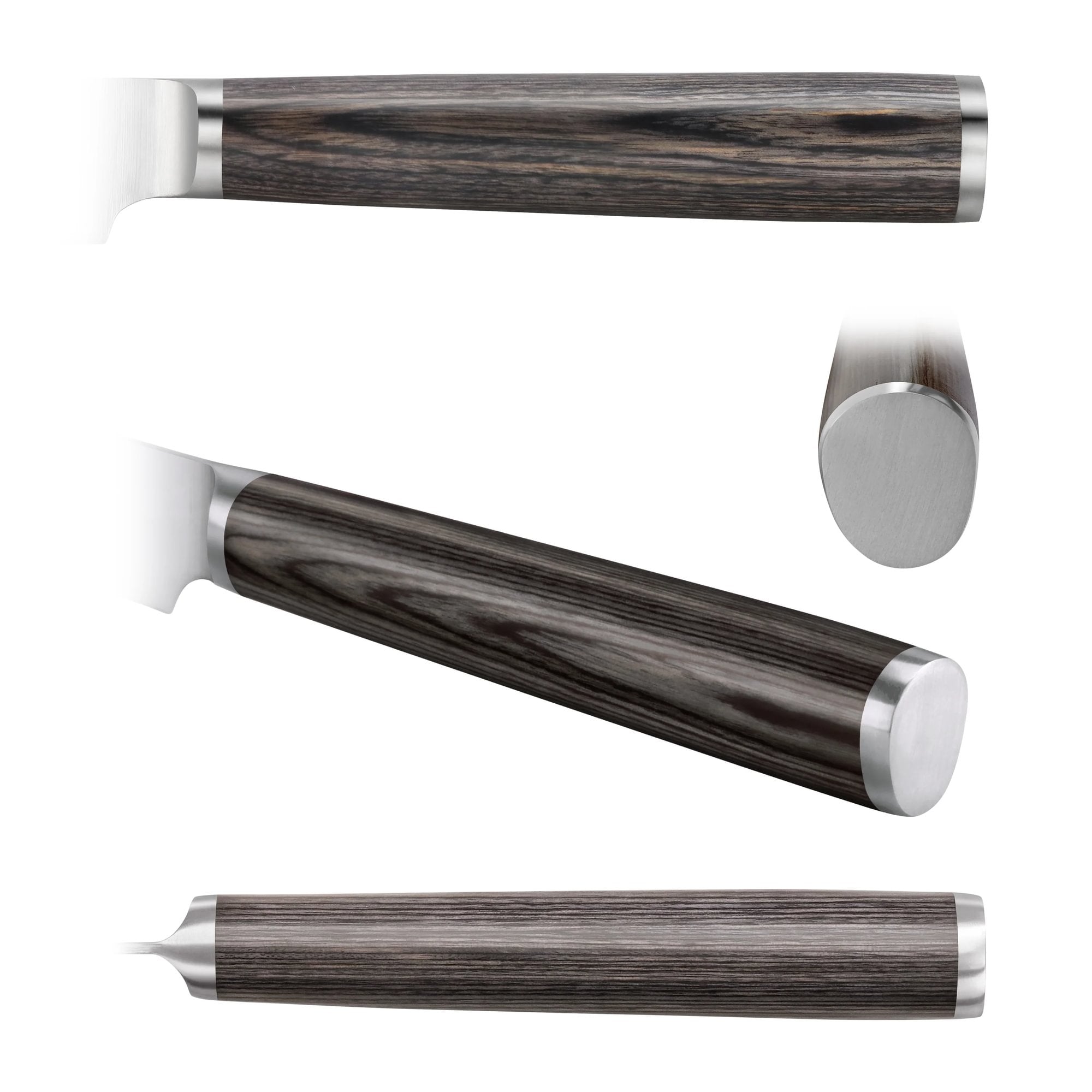 Dark wood grain pakkawood handle with stainless steel bolster and end cap shown from multiple angles.