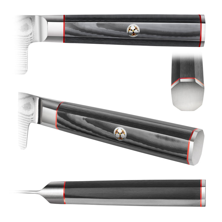 Handle of a paring knife with dark wood grain, red accents, and a circular emblem, shown from multiple angles.