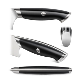 
                    
                      Black ergonomic knife handle with stainless steel accents and a circular logo, shown from multiple angles.
                    
                  