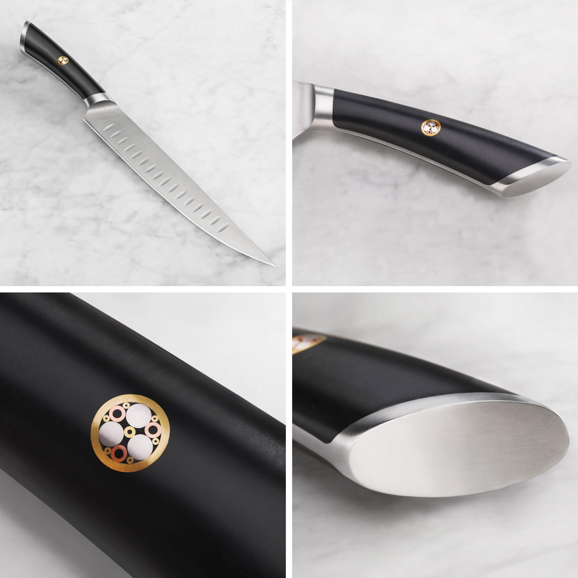 Carving knife with black handle, stainless steel blade with grooves, and circular emblem on handle shown from multiple angles