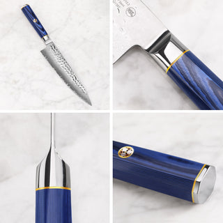 
                    
                      High carbon Damascus steel knife with hammered blade texture and blue handle with metal accents shown from multiple angles.
                    
                  