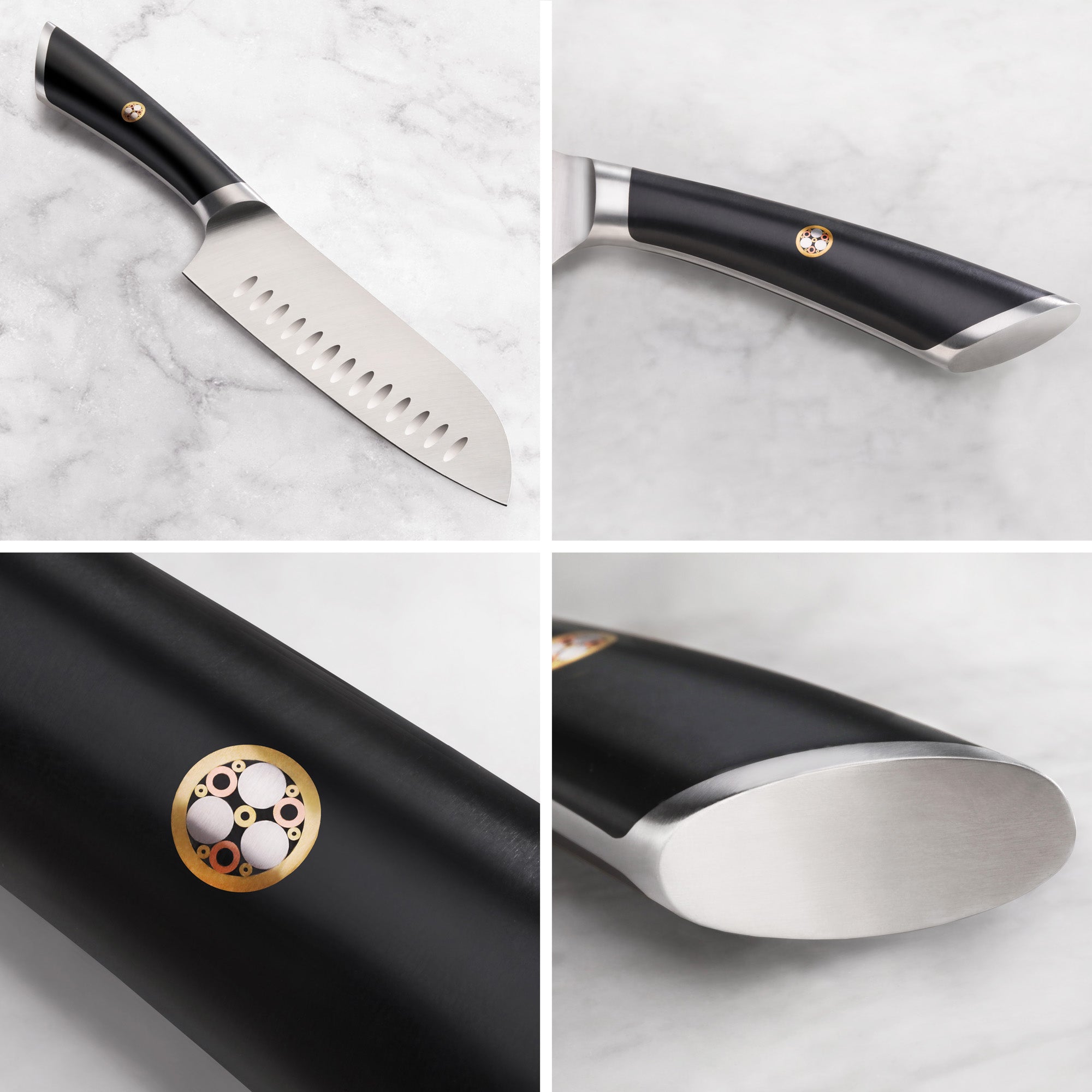Santoku knife with black handle, stainless steel blade with oval cutouts, and round emblem on handle.