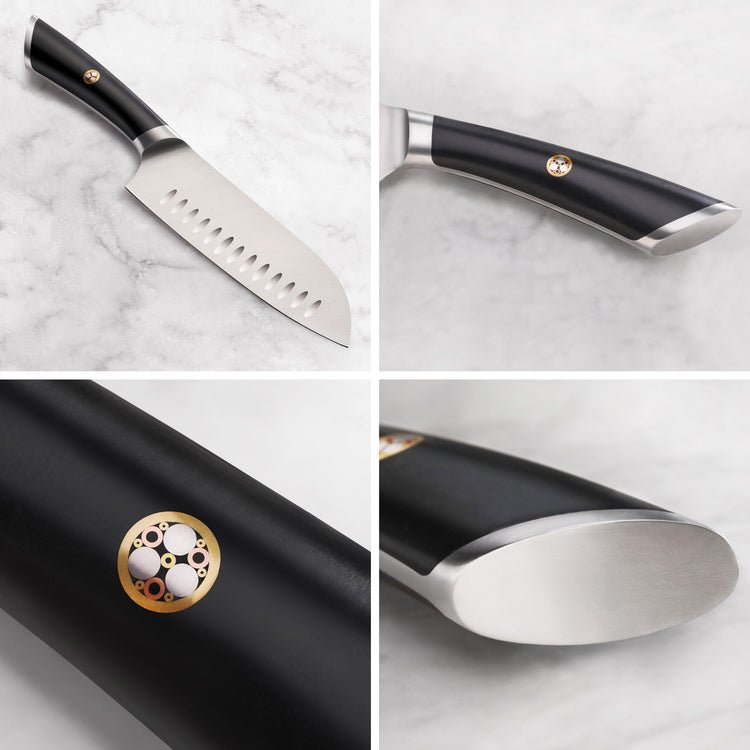 Santoku knife with black handle, stainless steel blade with oval cutouts, and round emblem on handle.