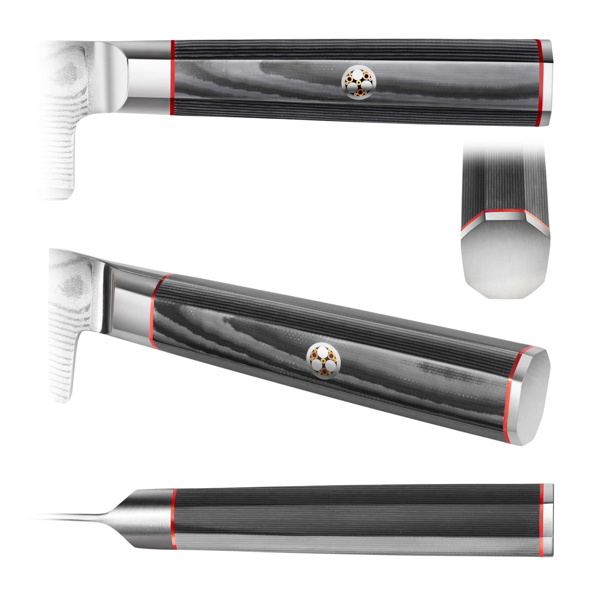 Dark wood-grain knife handle with red accents and a circular emblem, shown from multiple angles.